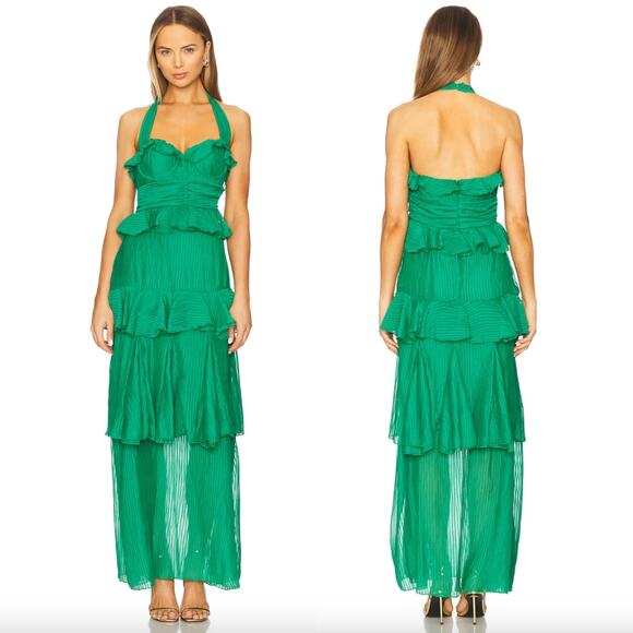 Line & Dot Dresses & Skirts - Line & Dot | NWT Cari Halter Maxi Dress in Kelly Green Tiered Pleated Halter XS